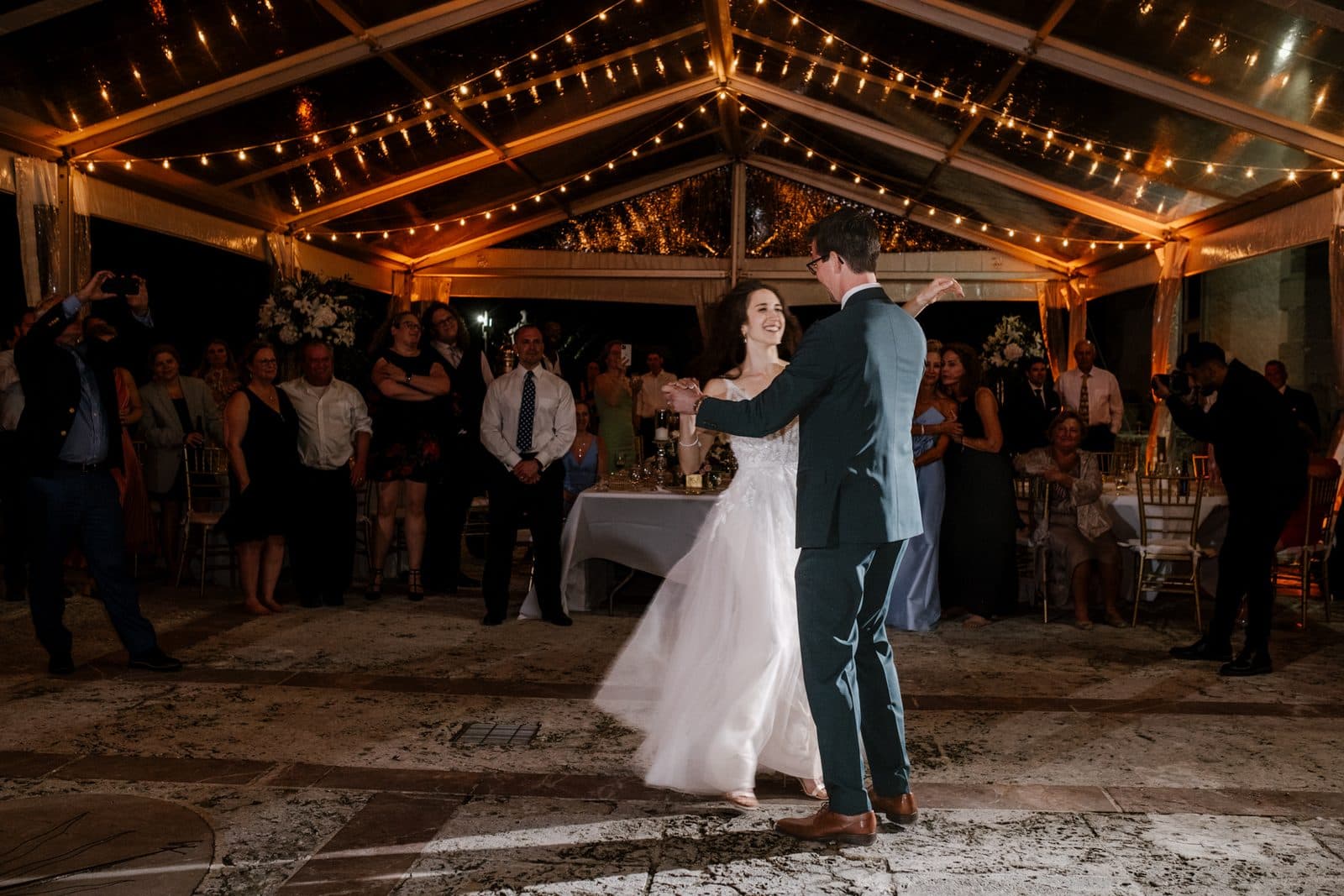 Chloe and Michael walking through an archway