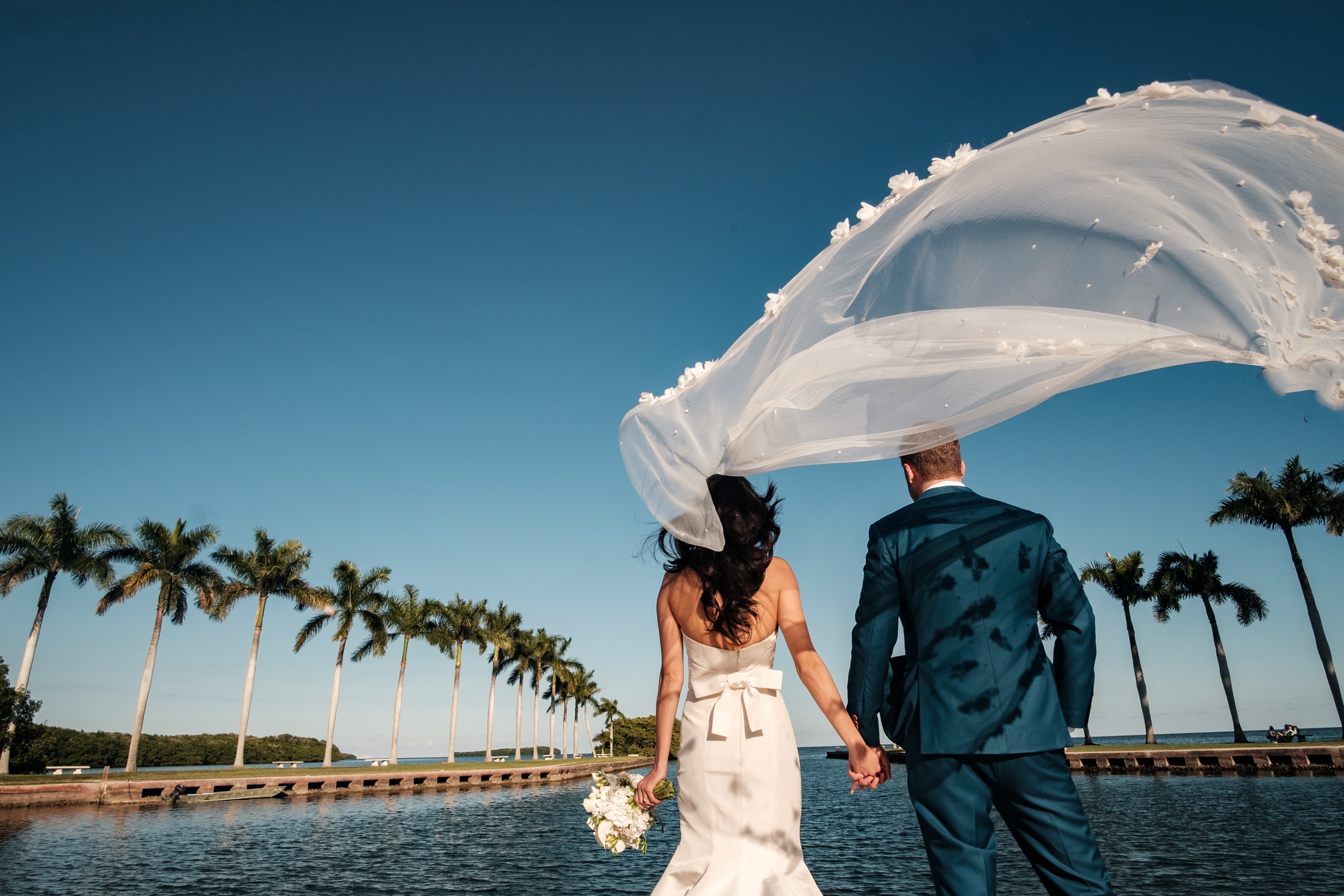 A bride and groom holding hands on a Miami waterfront, her veil caught in the wind against palms